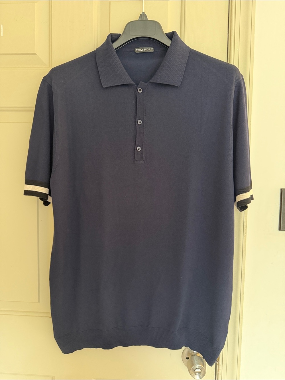 Tom Ford Navy Short-Sleeve Polo with Contrast Sleeve Stripes